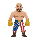bald boxeur with moustaches and goatee. golden boxing gloves and america flag pants. view from side