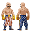 bald boxeur with moustaches and goatee. golden boxing gloves and america flag pants. view from side