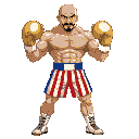  bald boxer in side view guard stance, gold gloves, striped shorts white blue red, muscular, with mustache and goatee