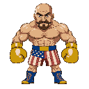side view of a bald boxeur with moustaches and goatee. golden boxing gloves and american flag shorts.