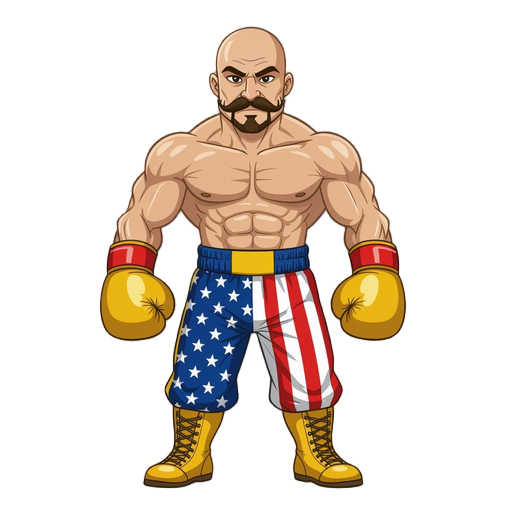 bald boxeur with moustaches and goatee. golden boxing gloves and america flag pants