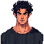 bold, charismatic, and muscular male with dark curly hair, wearing a black shirt. dynamic pose, confident expression, rpg maker, highschool student, teenager, 17 years old