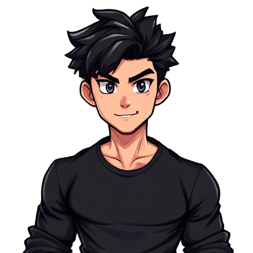 bold, charismatic, and muscular male with dark curly hair, wearing a black shirt. dynamic pose, confident expression, rpg maker, highschool student, teenager, 17 years old