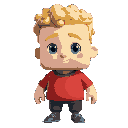a massive character with a square head and body. the character has fair skin and curly blond hair, simple facial features, including large blue eyes. the character is wearing a red shirt with a white