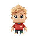 a massive character with a square head and body. the character has fair skin and curly blond hair, simple facial features, including large blue eyes. the character is wearing a red shirt with a white