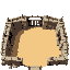 gladiator arena: pixel, cracked stone floor, sandy ground, worn stone walls, iron gates, and wooden spikes.