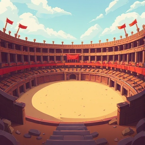 in middle of a gladiator arena, the floor is sand, retro