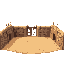 gladiator arena: pixel, cracked stone floor, sandy ground, worn stone walls, iron gates, and wooden spikes.