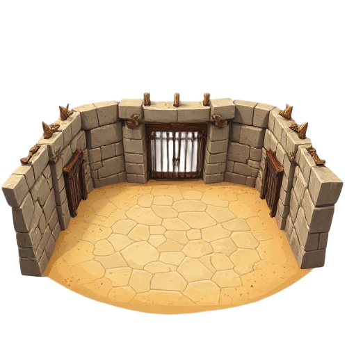 gladiator arena: cracked stone floor, sandy ground, worn stone walls, iron gates, and wooden spikes.