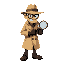 retro video game style, detective wearing beige trench coat and fedora, holding a magnifying glass, transparent background