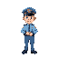 retro video game style, police officer in light blue uniform with cap and baton, transparent background.