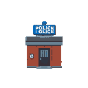 retro video game style, small police station building with a blue sign that says 'police' on top, simple architecture, brick walls, one entrance door, and a small window with bars, transparent background.