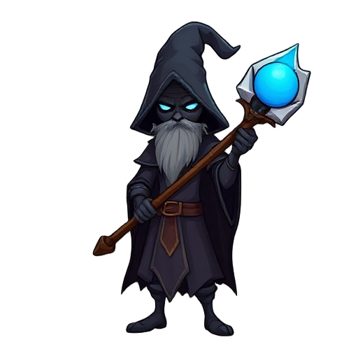 a dark mage with a big and magic schepther with a blue boll on the top of the schepther
