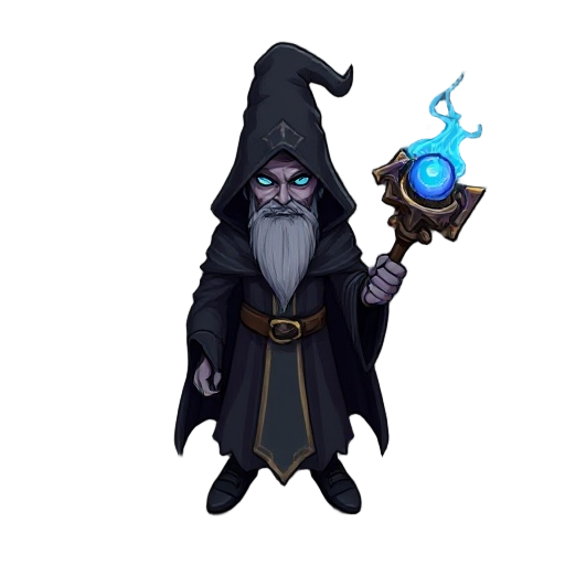 a dark mage with a big and magic schepther with a blue boll on the top of the schepther