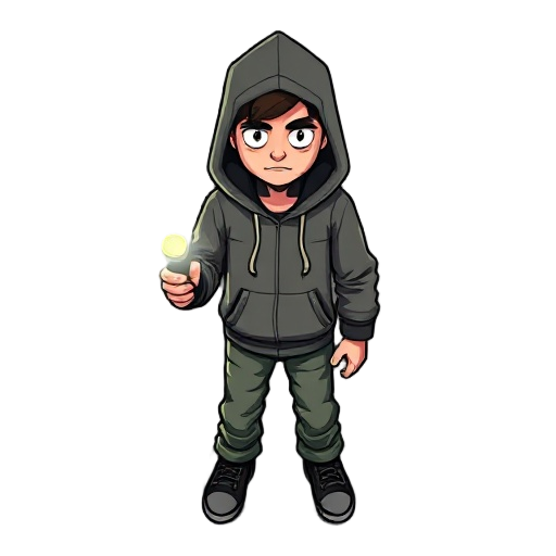 main player sprite in a horror survival game and he wears a hoodie, holds a flashlight