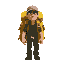 a large yellow backpack. the character is wearing a dark green shirt and a gray cap. the character has a serious expression and appears to be walking forward.