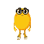 uma bola amarela(o corpo dele e uma grande bola amarela)de oculos escuros com um sapato grande e classico