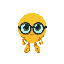 uma bola amarela(o corpo dele e uma grande bola amarela)de oculos com um sapato grande e classico