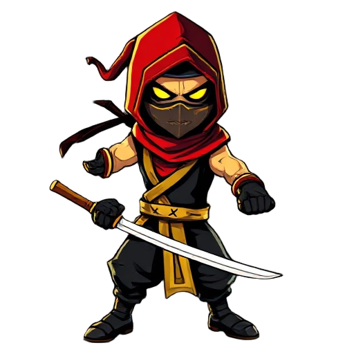 a 2d high-detail ninja shadow and dead face, inspired by mortal kombat 3. wears black, red, yellow. has tmnt weapons: katanas, bo staff, nunchaku, sais. dramatic lighting, retro style.