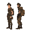 side view of a post apocalyptic nomad, worn clothes, bags, 