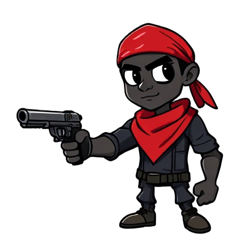 a black guy wearing a red bandana holding a hand gun