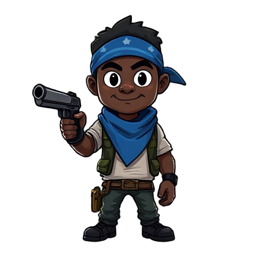 a black guy wearing a blue bandana holding a hand gun