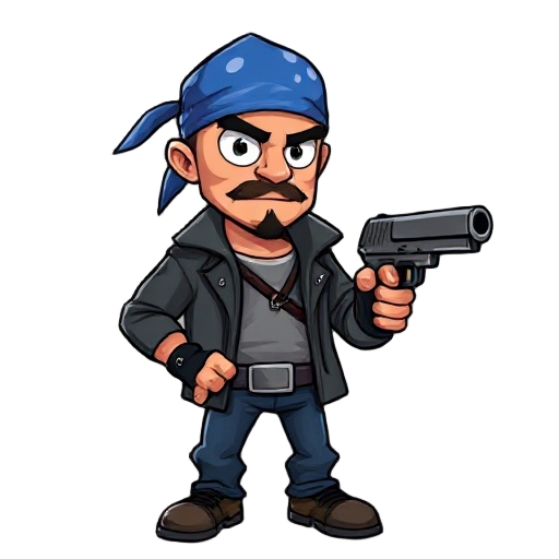 a gangster wearing a blue bandana holding a hand gun