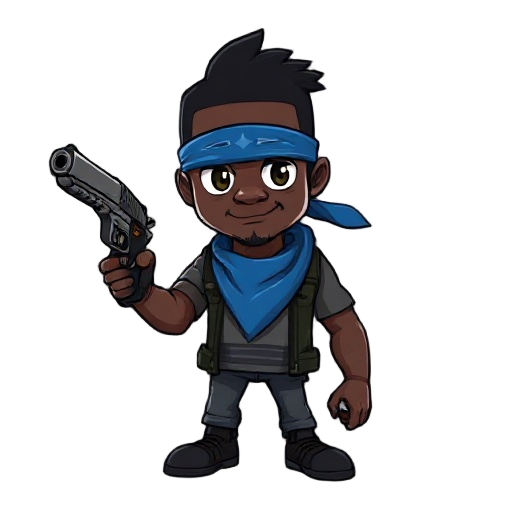 a black guy wearing a blue bandana holding a hand gun