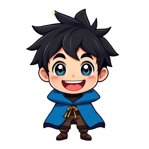 a cheerful, chibi-style cartoon boy with an oversized head and large, sparkling eyes that have star-shaped highlights. he has messy, spiky black hair and a wide, joyful smile showing his teeth and tongue. he is wearing a vibrant, solid blue cloak with a h