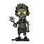 cute zombie shop keeper in a grim hellish style