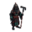 mongolian shaman with a staff, intricate, black and neon red blue green, runes shamanic robe, masked