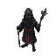 masked turkic shaman with a staff, intricate, black and neon red blue green, runes shamanic robe,