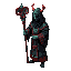 turkic shaman with a staff, intricate, black and neon red blue green, runes shamanic robe, masked