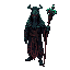 druidic shaman with a staff, intricate, black and neon red blue green, runes shamanic robe, masked