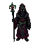 druidic shaman with a staff, intricate, black and neon red blue green, runes shamanic robe, masked