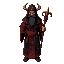 turkic asian shaman with a staff, intricate, black and red, shamanic robe, runes, masked