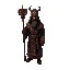 turkic shaman with a staff, intricate, black and red, shamanic robe, runes, masked