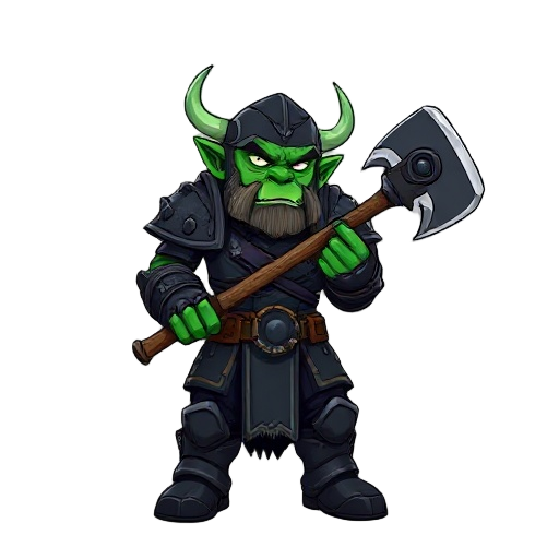 a armored orc warrior, green screen, black armor, using a axe