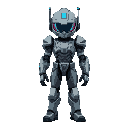 a 22 years old robot boy with a grey and blue armor and with comunicator glasses tipe