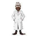 a 50 years old bald scientist with brown beard, with a lab coat and glasses.