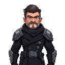 a 40 years old futuristic captain with armor and a black coat.
