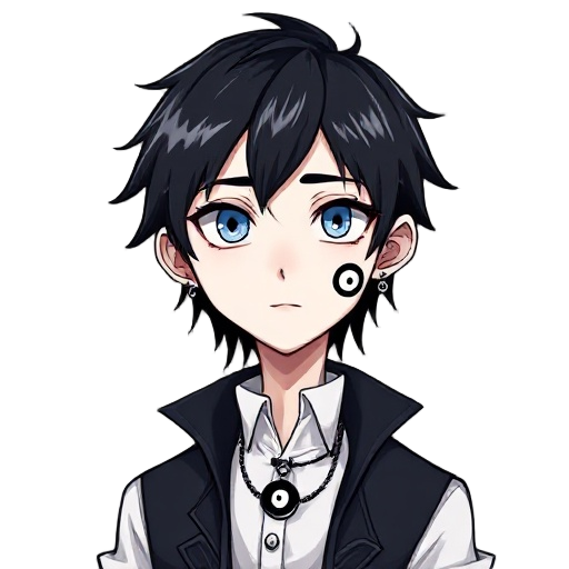 black hair very pale skin  blue eyes white button up scythe infatuation with yin yangs including as an earring a necklace and the black half of a yin yang on his face