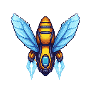 armored bee fighter ship with striped hull, twin plasma stinger cannons, hexagonal cockpit, and translucent energy wings