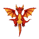 red adult dragon, upright stance, two wings,  horns, clawed feet, yellow underbelly with darker stripes , dark eyes, symmetrical sprite