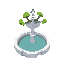 a fountain with white to light grey outer walls with tree layers at the top a statue of a small bird around 6 to 8 pixels height with water floating down