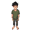 a young, skinny pixel-art male in his early 20s with messy short dark hair, wearing a faded green t-shirt and worn-out jeans, barefoot, with a slightly tired yet determined look. shown in a cozy, run-down bedroom from a warm isometric top-down camera angl