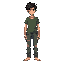 a young, skinny pixel-art male in his early 20s, messy short dark hair, wearing a faded green t-shirt and worn-out jeans, bare feet, slightly tired but determined expression.