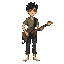a young, skinny pixel-art male guitarist in his early 20s, messy short dark hair, wearing a faded green t-shirt and worn-out jeans, bare feet, slightly tired but determined expression.