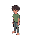 a young, skinny pixel-art male in his early 20s with messy short dark hair, wearing a faded green t-shirt and worn-out jeans, barefoot, with a slightly tired yet determined look. shown in a cozy, run-down bedroom from a warm isometric top-down camera angl