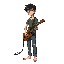 a young, skinny pixel-art male guitarist in his early 20s, messy short dark hair, wearing a faded green t-shirt and worn-out jeans, bare feet, slightly tired but determined expression, standing with a cheap old acoustic guitar in a shabby room.